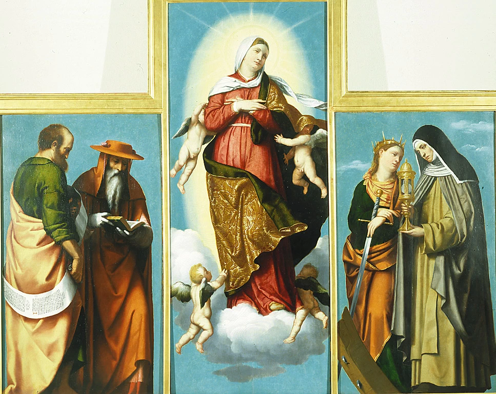 Il Moretto-229-La Vergine Assunta e i Santi Marco, Girolamo, Caterina d'Alessandria, Chiara e Francesco-Brera (MI)